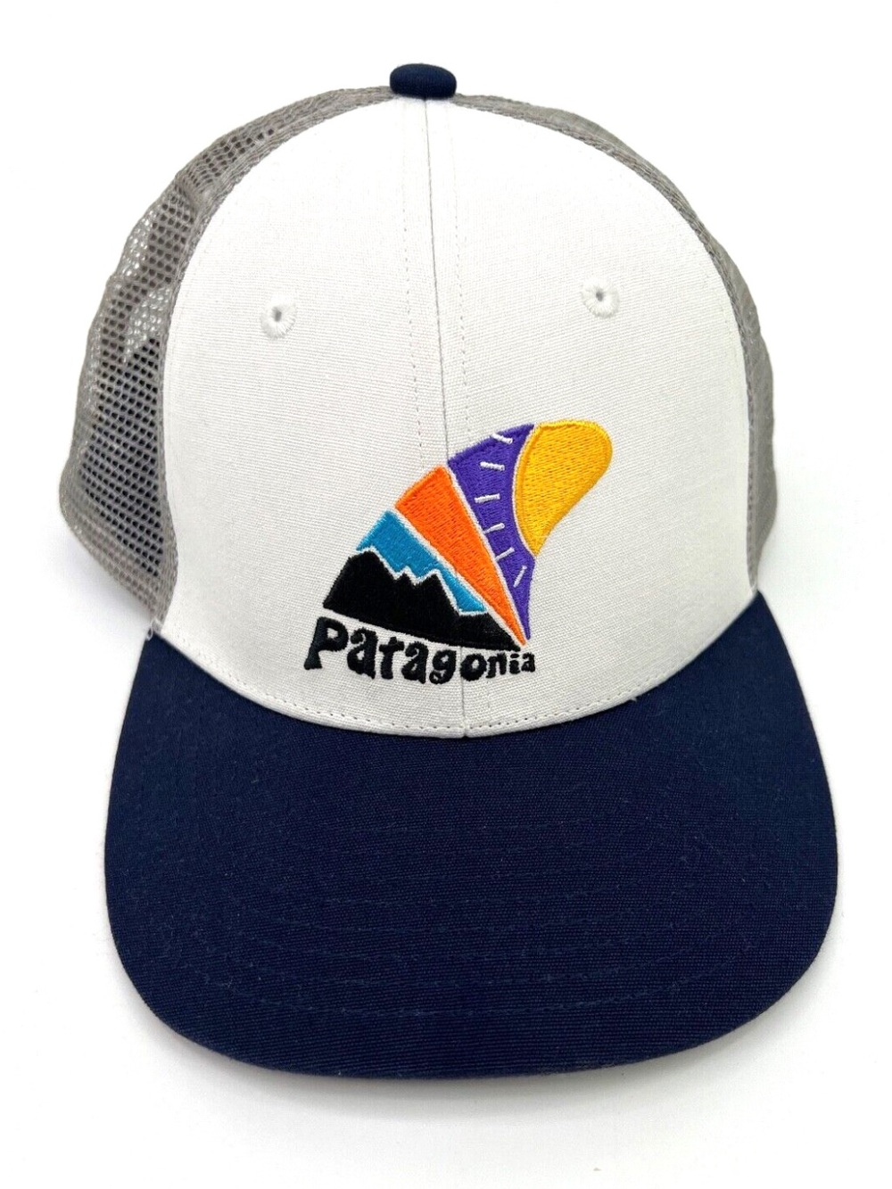 Patagonia Kids Trucker Hat - White, Navy & Gray with Multicolor Logo